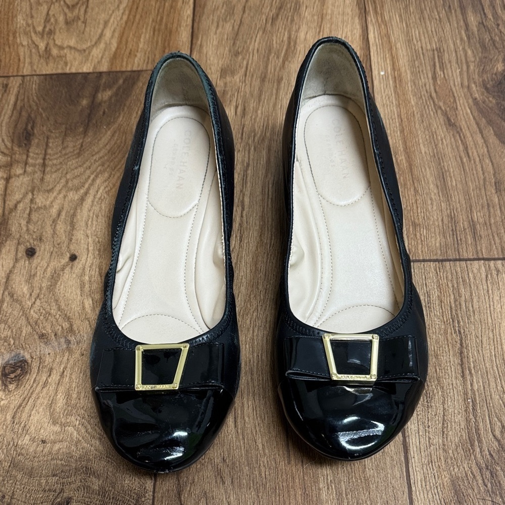 Cole Haan Black Patent Flats with Gold Accent